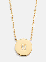 18K Gold Single Initial Custom Disc Necklace - Gold/Pavé