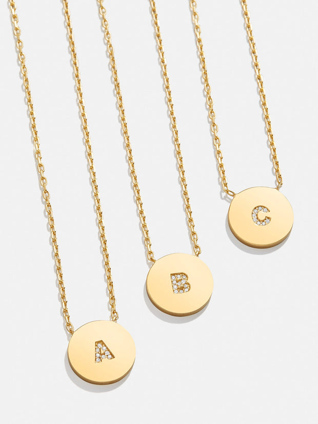 18K Gold Single Initial Custom Disc Necklace - Gold/Pavé