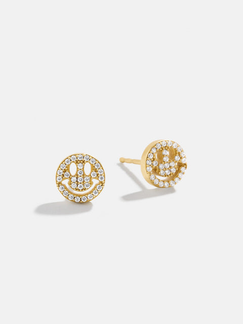 18K Gold Smiley Face Earrings - Gold/Pavé