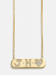 18K Gold Initial Bar Necklace - Gold/Pavé