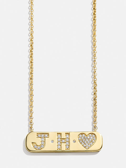 18K Gold Initial Bar Necklace - Gold/Pavé