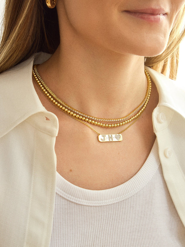 18K Gold Initial Bar Necklace - Gold/Pavé