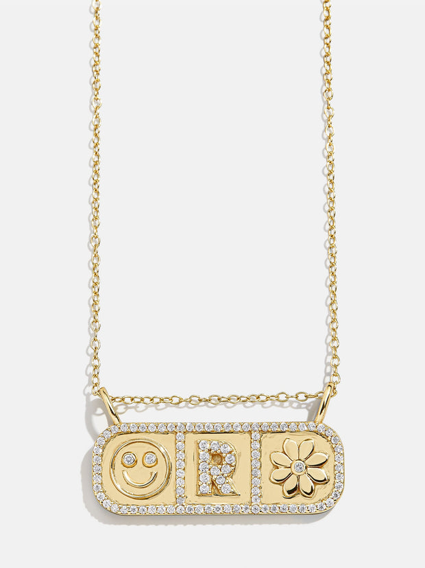 18K Gold Custom Charm Plate Necklace - Horizontal Bar