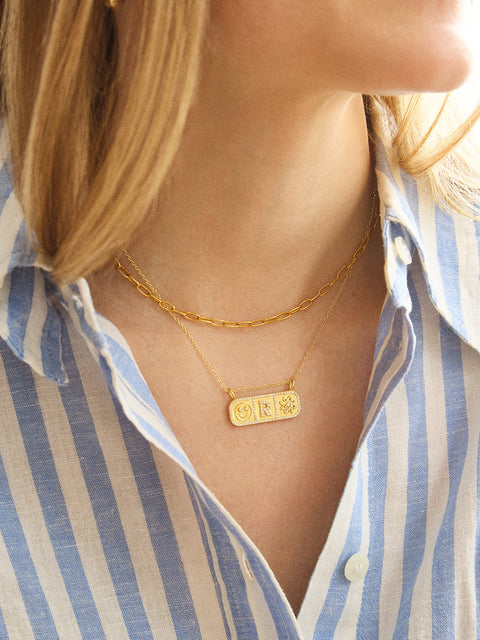 18K Gold Custom Charm Plate Necklace - Horizontal Bar