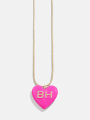 Custom Initial Enamel Heart Pendant Necklace - Hot Pink