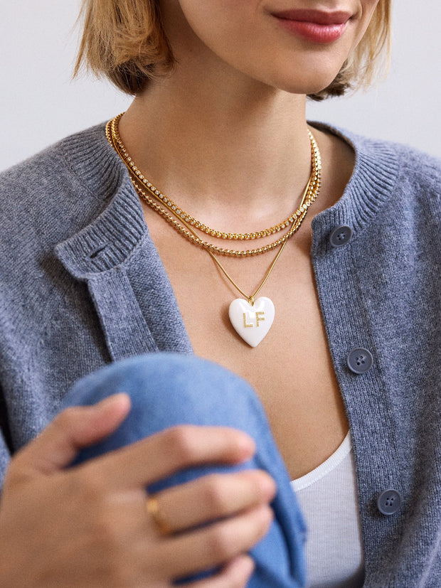 Custom Initial Enamel Heart Pendant Necklace  - White