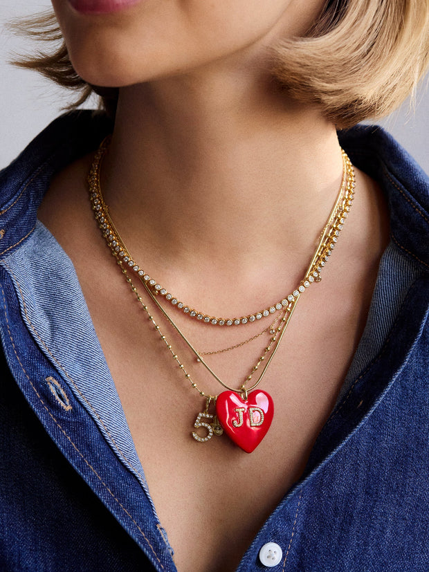 Custom Initial Enamel Heart Pendant Necklace - Hot Pink