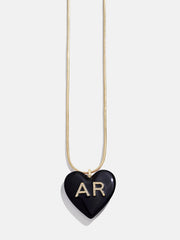 Custom Initial Enamel Heart Pendant Necklace - Black