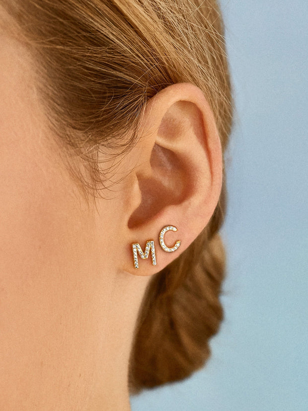 Single 18K Gold Initial Earring - Gold/Pavé