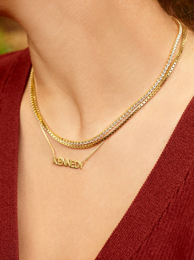 18K Gold Box Chain Custom Nameplate Necklace - Gold